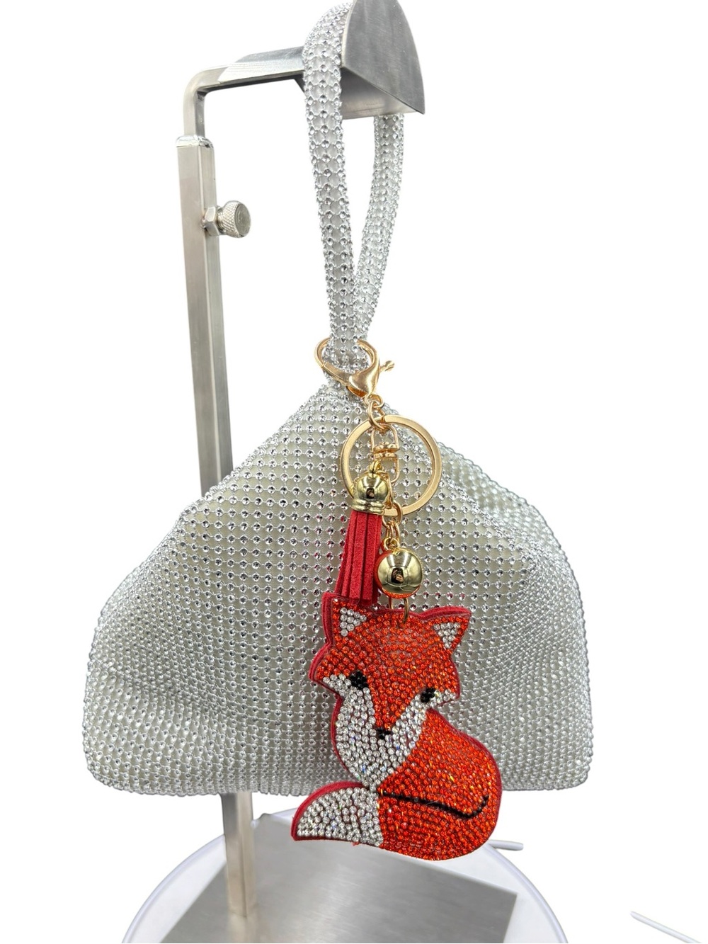 Silver Rhinestone Crystal Mesh Evening Bag Wristlet + Fox Charm Glam